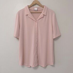 New Kim & Co Pink Brazil Knit Stretch Short Sleeve Button Up Top Size XL bin 4C